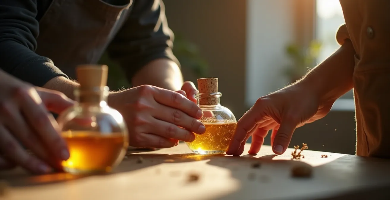 Couple créant un parfum ensemble à l'atelier, concentrés et complices