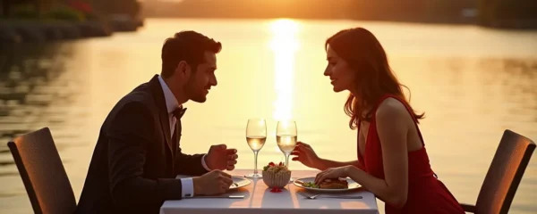 Couple en tête-à-tête lors d'un dîner gastronomique en bord d'eau au coucher du soleil, avec reflet de lumière dorée sur l'eau