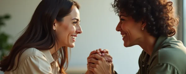 Couple engagé dans une activité de team building avec communication et confiance mutuelle