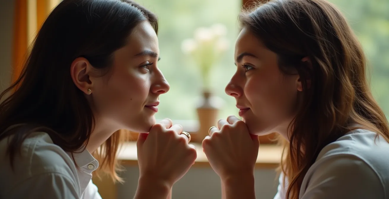 Couple en conversation réflexive après activité, expression calme et engagée