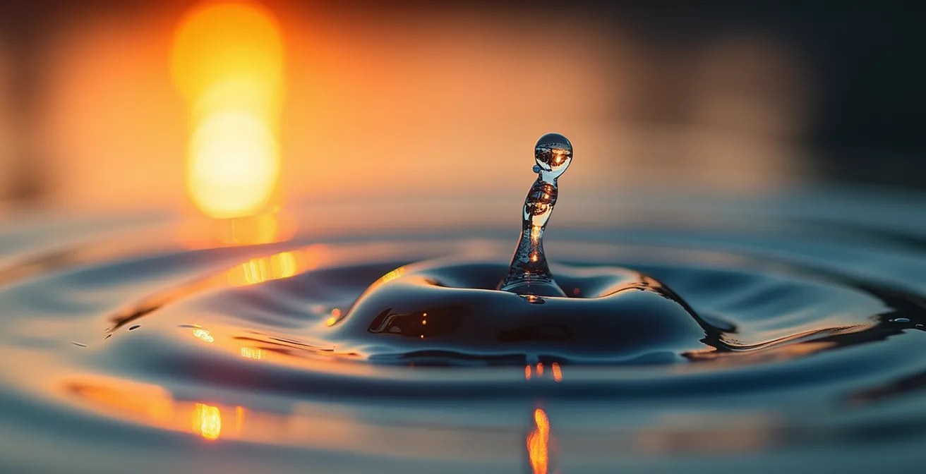 Gros plan sur la surface de l'eau avec lumière dorée et reflets créant un bokeh naturel, focus sur une goutte d'eau