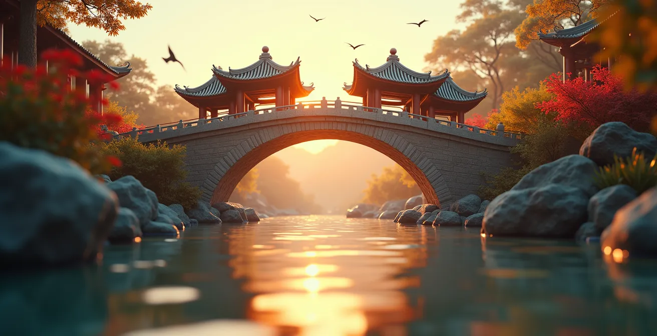 Image conceptuelle d’un pont symbolisant la connexion entre deux cultures différentes avec des symboles culturels de l’Est et de l’Ouest