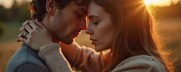 Couple mixte avec femme slave et homme occidental partageant un moment tendre dans un paysage est-européen symbolisant la séduction et la relation durable