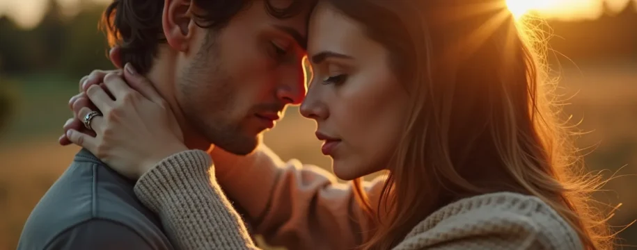Couple mixte avec femme slave et homme occidental partageant un moment tendre dans un paysage est-européen symbolisant la séduction et la relation durable